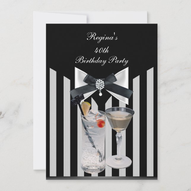 Invitación 40.ª Fiesta de cumpleaños corbata blanca negra (Anverso)