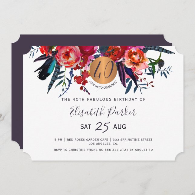 Invitación 40.ª fiesta de cumpleaños de boho floral (Anverso / Reverso)