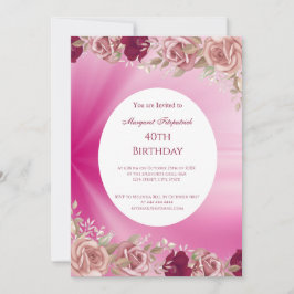 Invitación 40.ª fiesta de cumpleaños de las flores rosadas ro