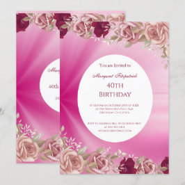 Invitación 40.ª fiesta de cumpleaños de las flores rosadas ro