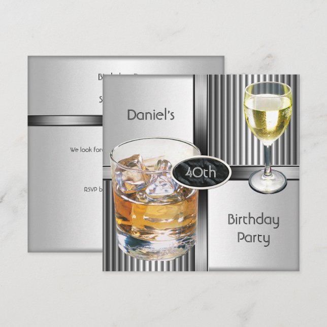 Invitación 40.ª Fiesta de cumpleaños los hombres beben plata  (Anverso / Reverso)