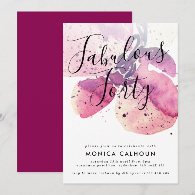 Invitación 40.ª Fiesta de cumpleaños Orquídea de Agua Berry (Anverso / Reverso)