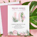 Invitación 40.ª Fiesta de cumpleaños Protea rosa tropical núm<br><div class="desc">Invitación a la fiesta de cumpleaños número 40 decorada con hojas de palma tropicales, flores de protea rosa y un coco. Un diseño sutil y elegante con acuarelas florales en tonos rosa y verde. Perfecto para la celebración del 40 cumpleaños, fiesta de luau o fiesta de té en el jardín....</div>