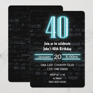 Invitación 40.ª Fiesta de cumpleaños Rótulo Neon en ladrillo