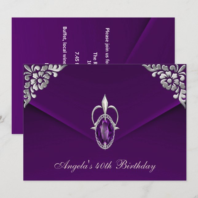 Invitación 40.ª Fiesta de cumpleaños Royal Silver Plum Velvet (Anverso / Reverso)
