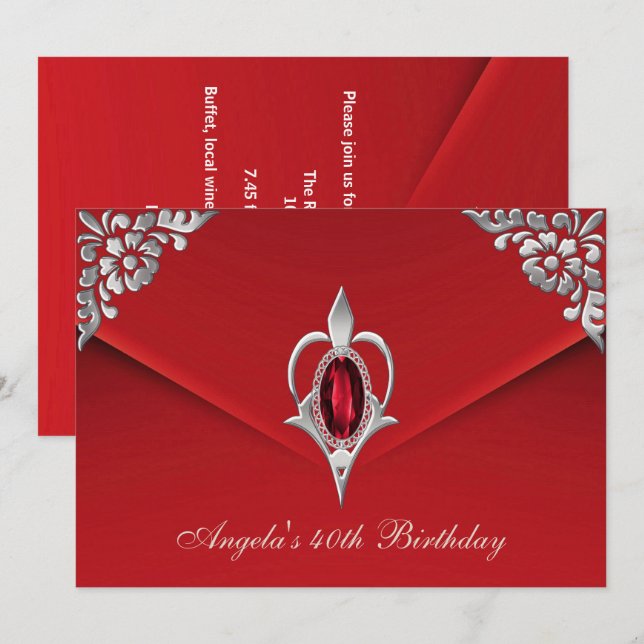 Invitación 40.ª Fiesta de cumpleaños Royal Silver Red Velvet  (Anverso / Reverso)
