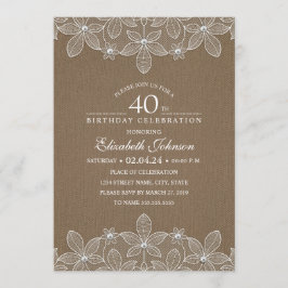 Invitación 40.ª Fiesta de cumpleaños Rústica Burlap Perlas y