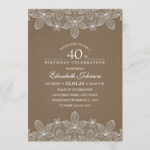 Invitación 40.ª Fiesta de cumpleaños Rústica Burlap Perlas y