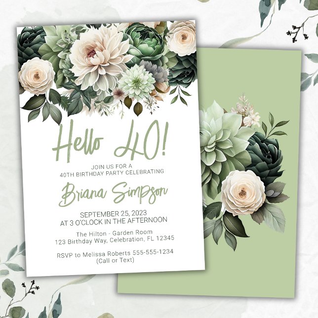 Invitación 40.ª Fiesta de cumpleaños Sage Green Floral (Subido por el creador)