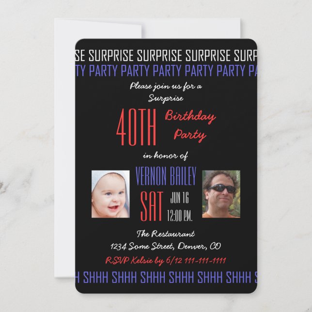Invitación 40.ª fiesta de cumpleaños sorpresa para hombres co (Anverso)