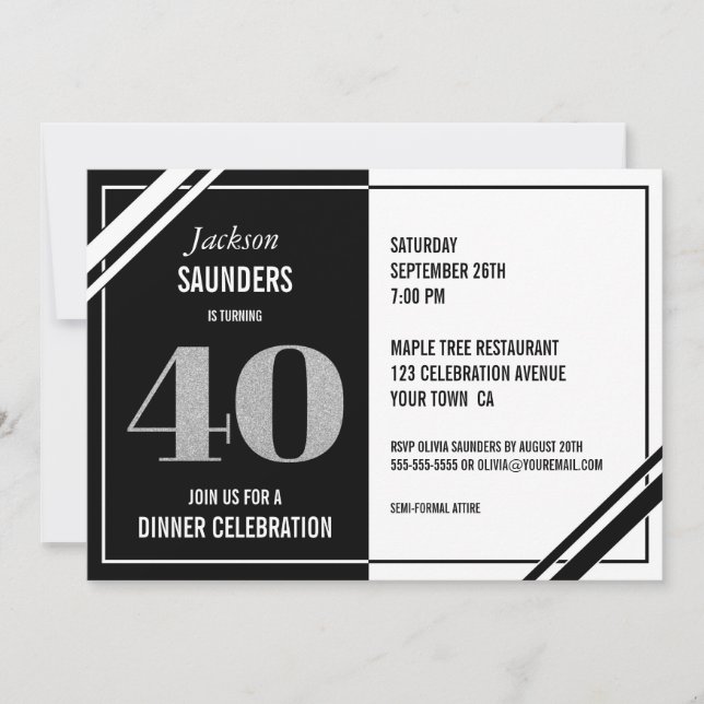 Invitación 40.ª Fiesta de la cena moderna en blanco y negro (Anverso)