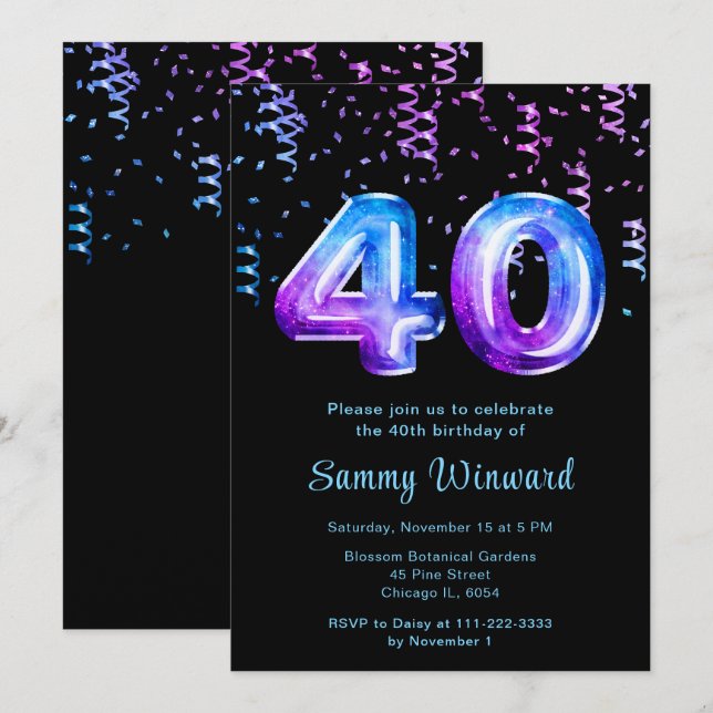 Invitación 40.ª galaxia de cumpleaños con confetti (Anverso / Reverso)