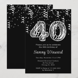 Invitación 40.ª imprenta de cebra de cumpleaños con confetti
