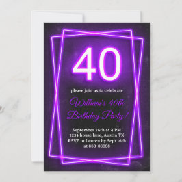 Invitación 40.ª luz neón Retro Negro Cuarenta Cumpleaños