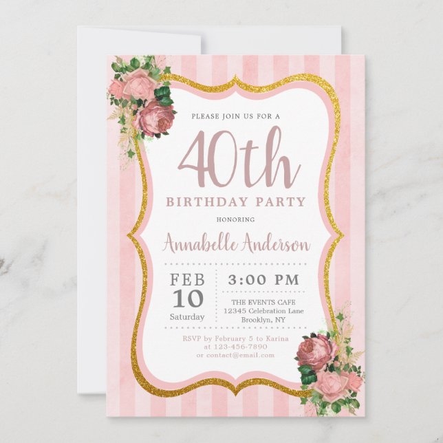 Invitación 40.ª Moda Purpurina de oro floral de tira rosada (Anverso)