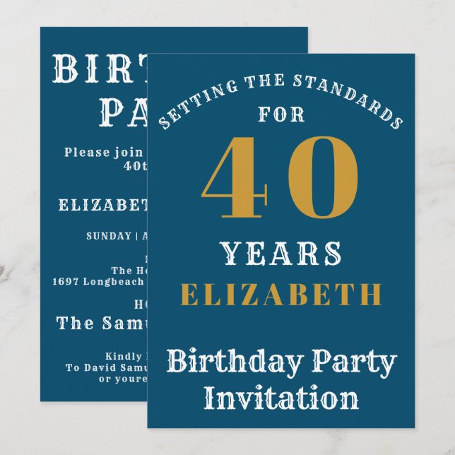 Invitación 40.ª Norma de Cumpleaños Blue Gold Añade tu nombre (Anverso / Reverso)