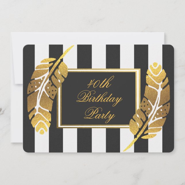 Invitación 40.ª pluma de oro de cumpleaños en franjas blancas (Anverso)