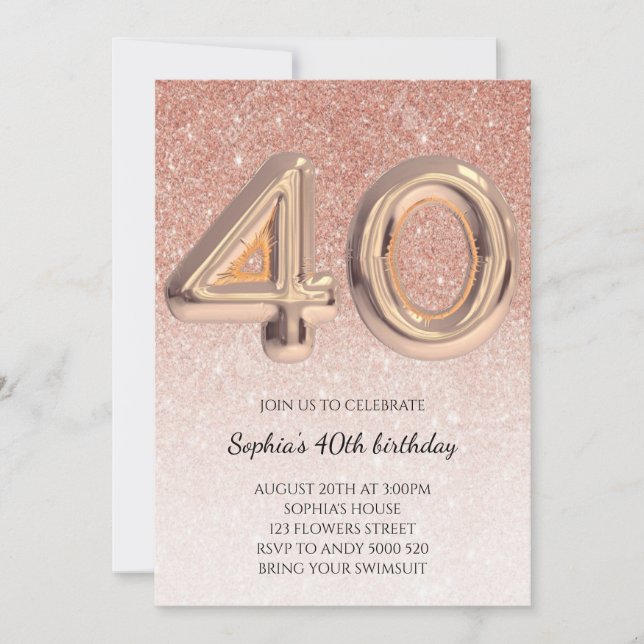 Invitación 40.ª Purpurina de oro Rosa de cumpleaños elegante (Anverso)