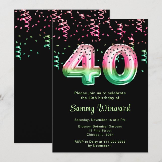 Invitación 40.ª sandía de cumpleaños con Confetti (Anverso / Reverso)