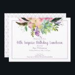 Invitación 40.ª Sorpresa Boho Flower Cumpleaños Suculento<br><div class="desc">Esta invitación floral acuarela es perfecta para su celebración especial. Este diseño presenta un fondo blanco acentuado con un diseño floral boho y suculento con tipografía personalizado. El lado inverso presenta un divertido patrón triangular. Puede eliminar el patrón si lo desea. Agregue la información de su fiesta para completar el...</div>