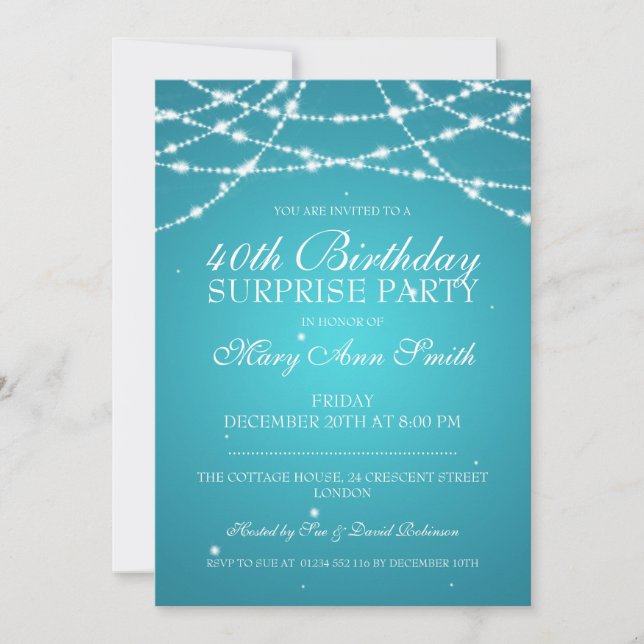 Invitación 40.ª Sorpresa Cumpleaños Fiestas Estrellas Turquoi (Anverso)