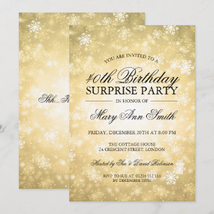 Invitación 40.ª Sorpresa Cumpleaños Gold Winter Wonderland
