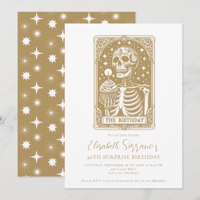 Invitación 40.ª sorpresa Cumpleaños Gothic Gold Tarot (Anverso / Reverso)
