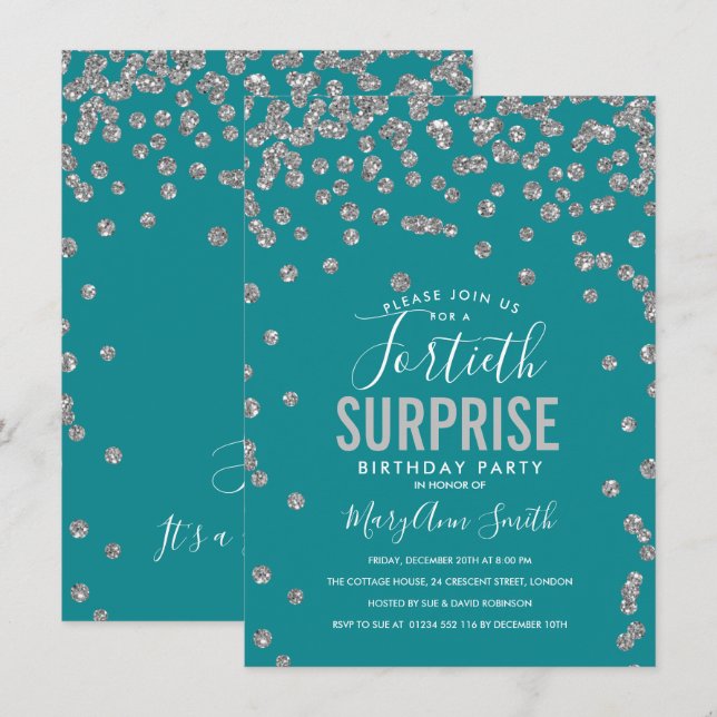 Invitación 40.ª sorpresa Cumpleaños Plata Verde azulada (Anverso / Reverso)