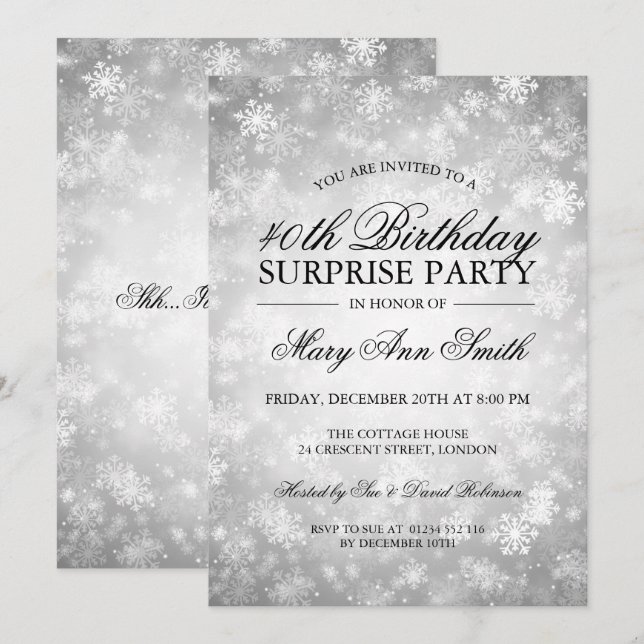 Invitación 40.ª Sorpresa Cumpleaños Plata Winter Wonderland (Anverso / Reverso)