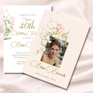 Invitación 40.ª sorpresa Rubor Pink Floral Photo Birthday