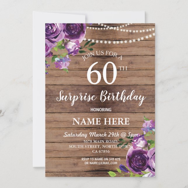 Invitación 40.º 50.º 60 Surprise Birthday Party Purple Wood (Anverso)