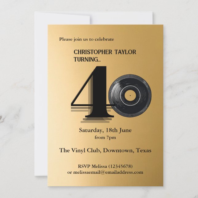 Invitación 40.º acta de vinilo simple del Fiesta de cumpleaño (Anverso)