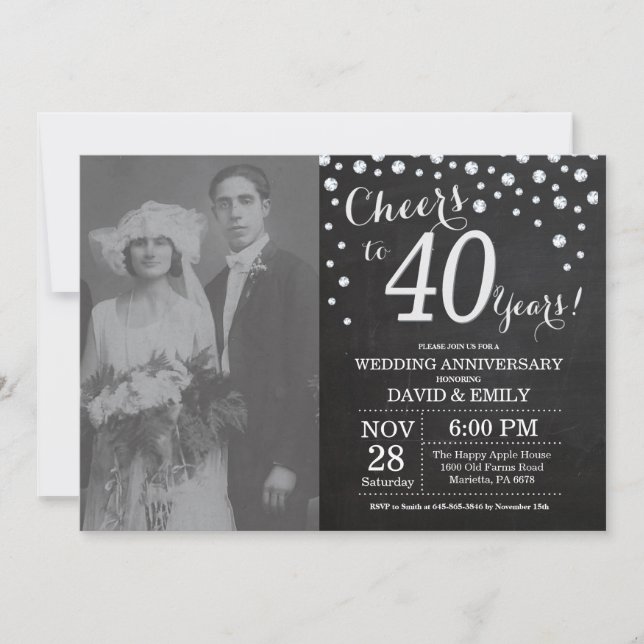 Invitación 40.º Aniversario Boda Chalkboard Plata negra (Anverso)