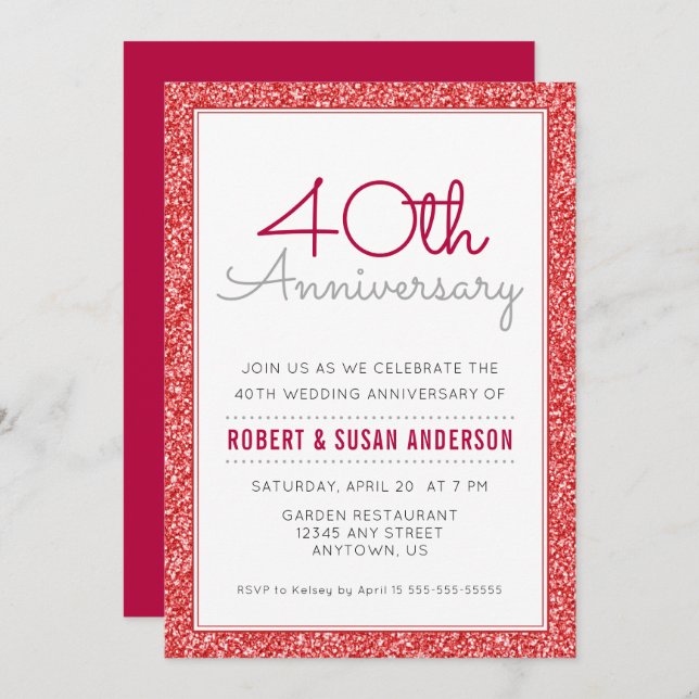 Invitación 40.º aniversario Boda Purpurina Rojo Faux (Anverso / Reverso)