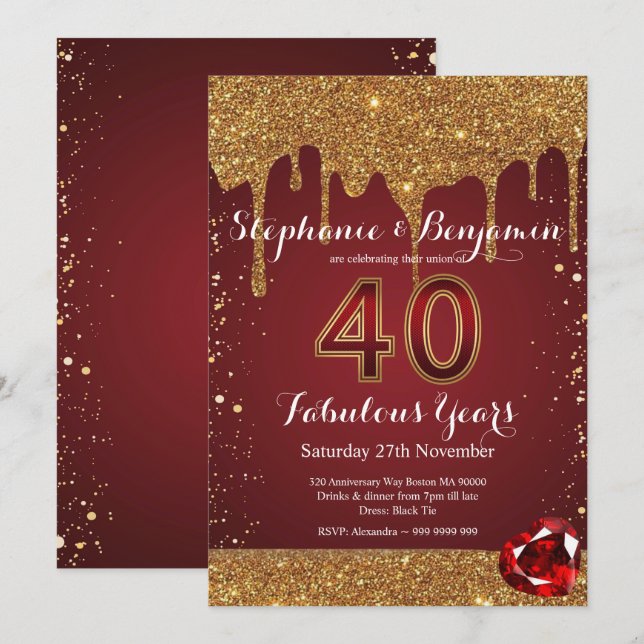 Invitación 40.º Aniversario de Ruby Purpurinas de Oro (Anverso / Reverso)