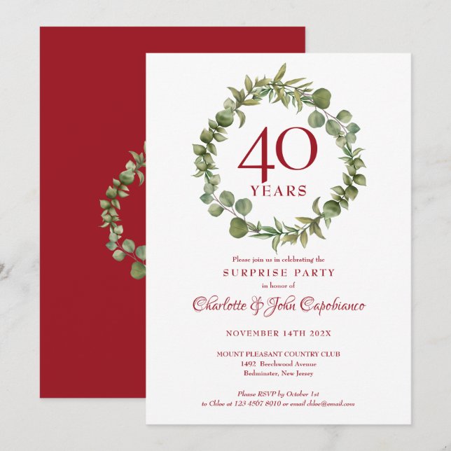 Invitación 40.º aniversario de Ruby Sorpresa Fiesta Garland (Anverso / Reverso)