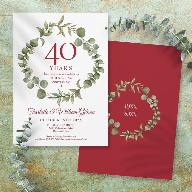Invitación 40.º Aniversario del Boda de Ruby Elegante Garland (40th Ruby Wedding Anniversary Elegant Garland Invitation)