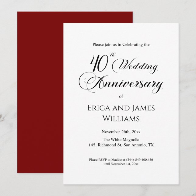 Invitación 40.º Aniversario del Boda de Ruby Elegante guión (Anverso / Reverso)