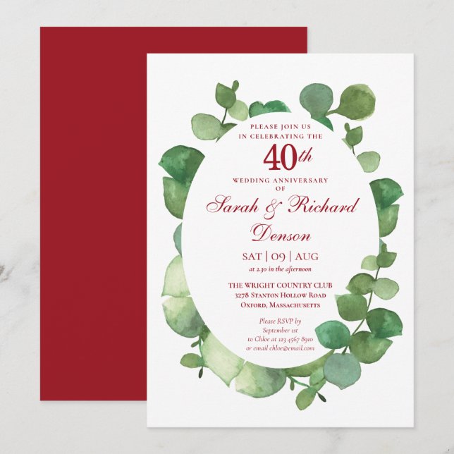 Invitación 40.º aniversario del Boda de Ruby Eucalyptus Green (Anverso / Reverso)