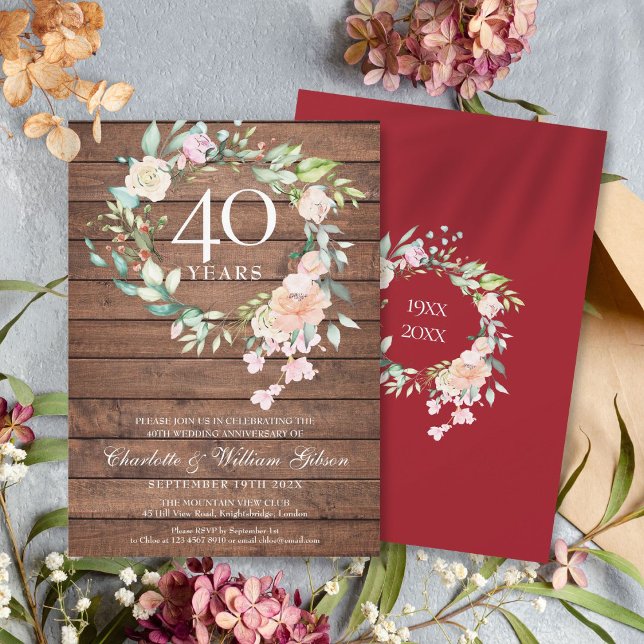 Invitación 40.º Aniversario del Boda de Ruby Floral de Madera (40th Ruby Wedding Anniversary Rustic Wood Floral Invitation)
