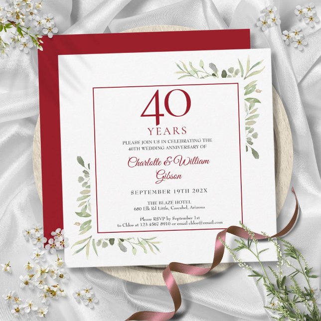 Invitación 40.º Aniversario del Boda del Ruby Vegetación de l (40th Ruby Wedding Anniversary Watercolor Greenery Invitation)