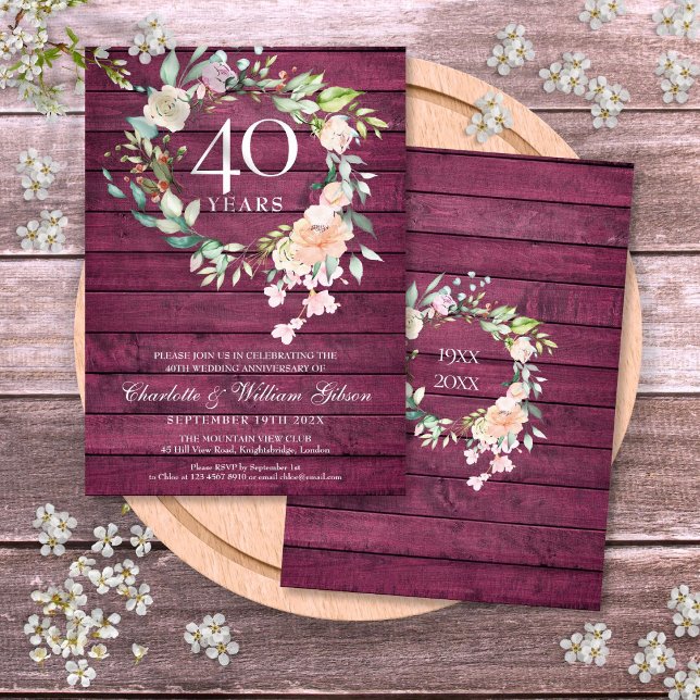 Invitación 40.º Aniversario del Boda Floral de Madera Roja Ru (40th Ruby Red Wood Floral Wedding Anniversary Invitation)
