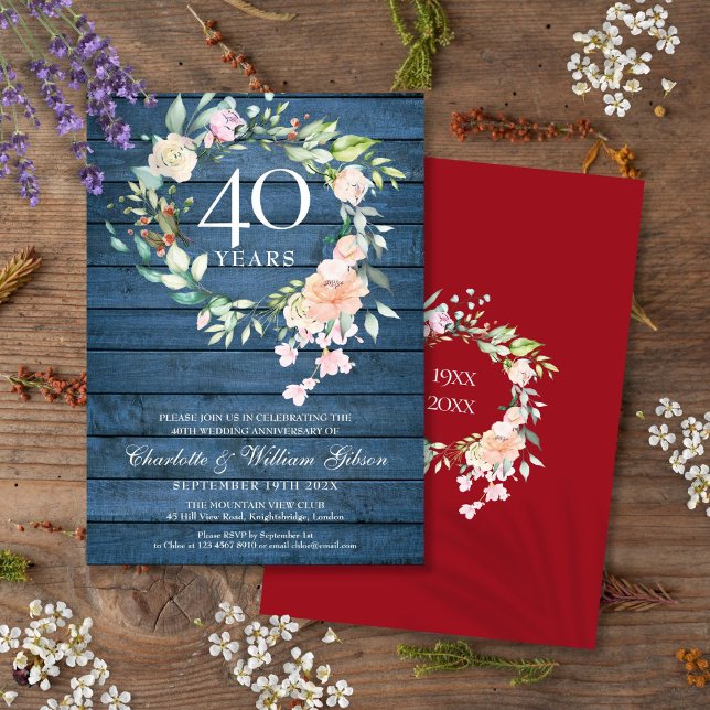 Invitación 40.º Aniversario del Boda Ruby Floral Azul Rústica (40th Ruby Wedding Anniversary Blue Rustic Floral Invitation)