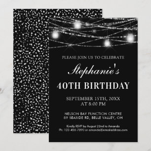 Invitación 40.º Birthday String Lights Jars Black White