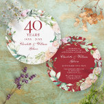 Invitación 40.º Boda de Ruby Rosas Garland<br><div class="desc">Con una delicada acuarela floral,  esta moda botánica de 40 años de boda puede ser personalizada con su información especial de aniversario de rubí. El reverso presenta una guirnalda floral que enmarca tus fechas de aniversario en un elegante texto blanco sobre un fondo rojo rubí. Diseñado por Thisisnotme©</div>