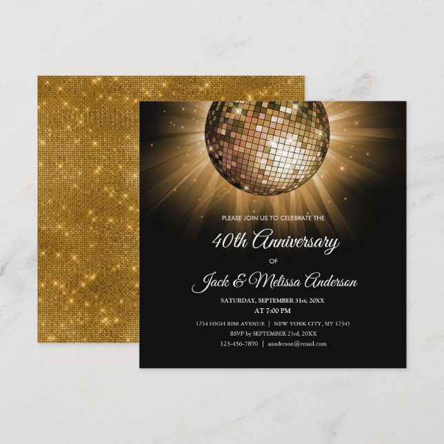 Invitación 40.º Boda Fiesta Gold Disco Ball (Anverso / Reverso)