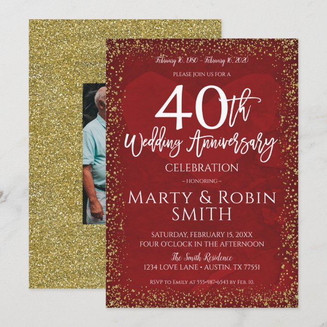 Invitación 40.º Boda Purpurina de oro Ruby Red (Anverso / Reverso)