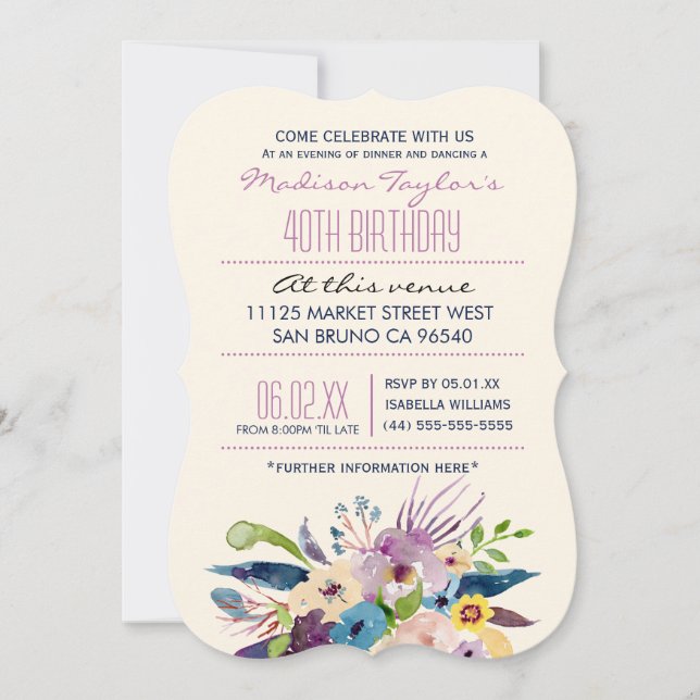 Invitación 40.º Bouquet elegante (Anverso)