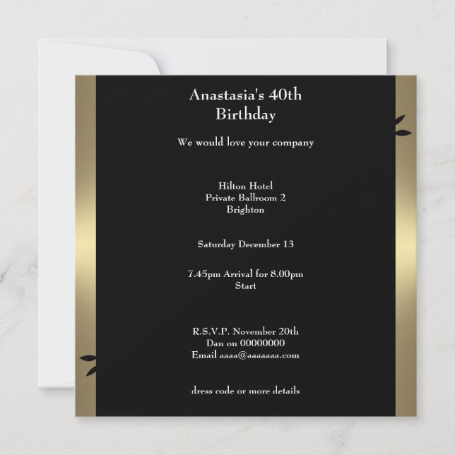 Invitación 40.º bronce de cumpleaños Swirl Floral negra (Anverso)