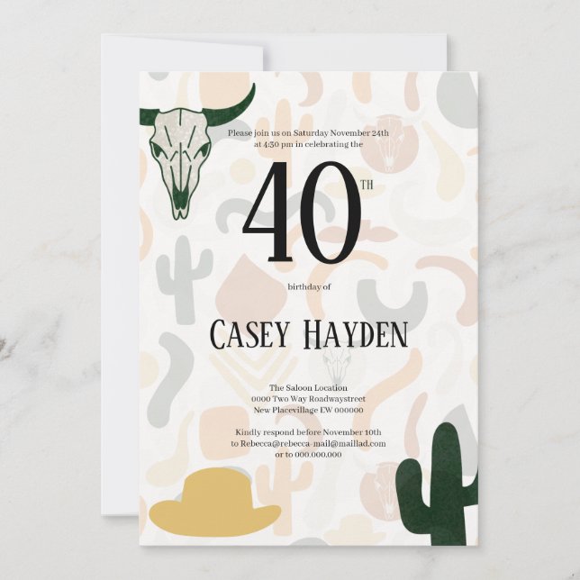 Invitación 40.º cactus gorra de vaquero occidental (Anverso)
